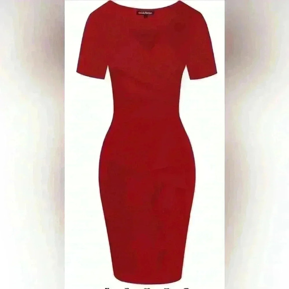 NWT! Beautiful Red Dress Oxiuly Womens V Neck, Slim Ruffle Pencil Dress Size L - Picture 2 of 11